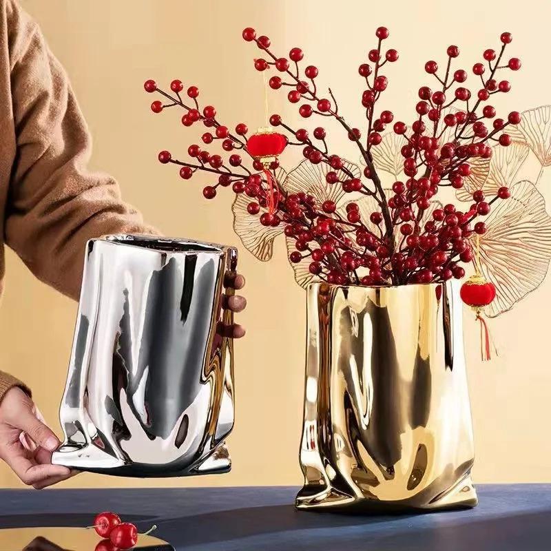 Silver Cloth Bag Ceramic Vase Folded Flower Pot Straight Tube Pleated Stacked Flowerpot Flower Vases Terrarium Home Decoration