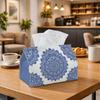 1pc Classic Mandala Blue And White Tissue Box Cover Features a Symmetrical Kaleidoscope Design, Made from Soft Fabric with Rounded Edges. It'S Washabl