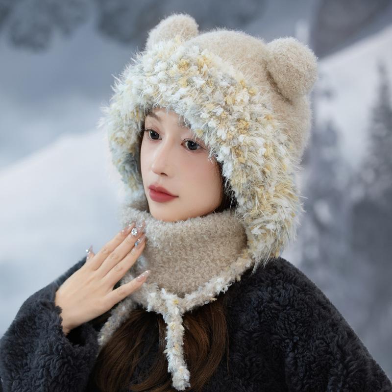 Căciulă Pluș Urechi Urs Drăguț Colorat Boabe de Zahăr Eșarfă de Exterior Set Cald pentru Toamnă și Iarnă Pălărie cu Boruri pentru Cap Mare