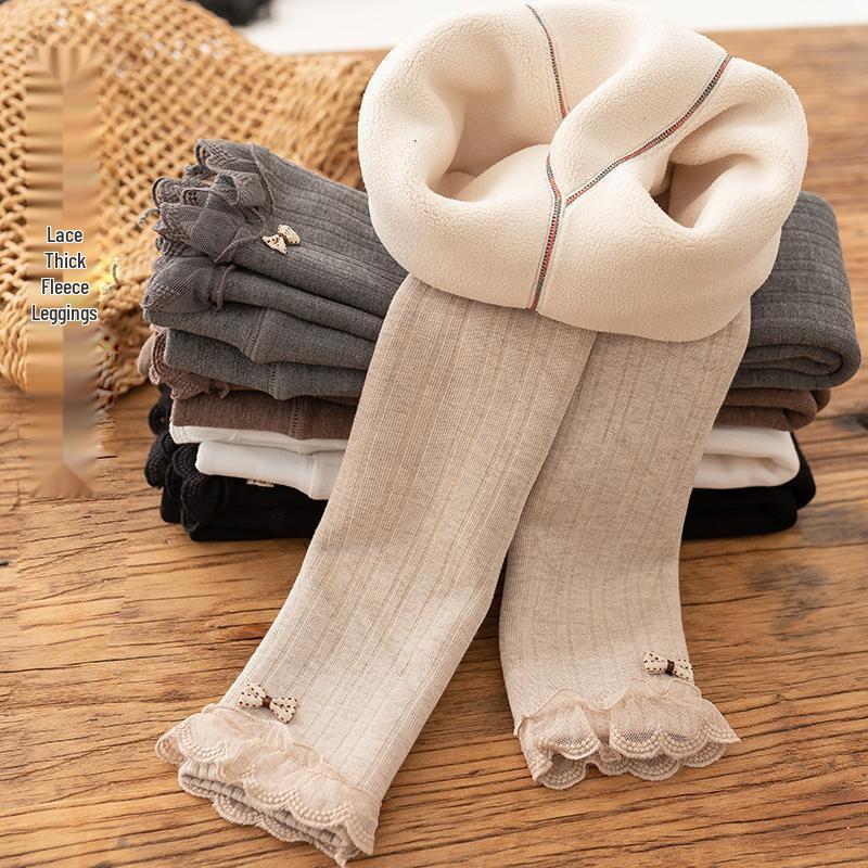 Winter Stripe Lace Fleece-Lined Thick Leggings for Baby Girls - Fashionable, Warm Autumn Style