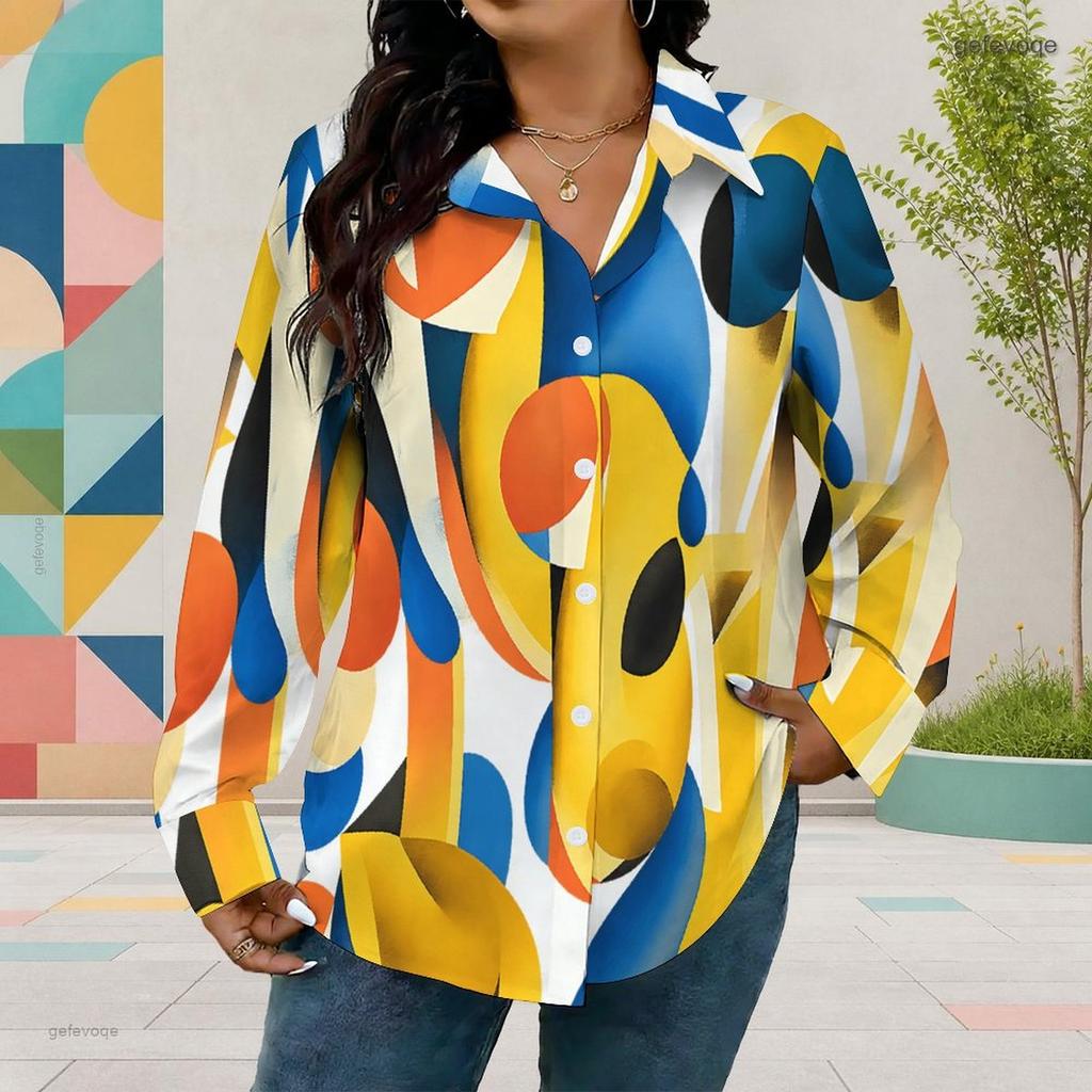 Women Plus Size Multicolor Geometric Printed Collared Long Sleeve Button Front Curved Hem Shirt