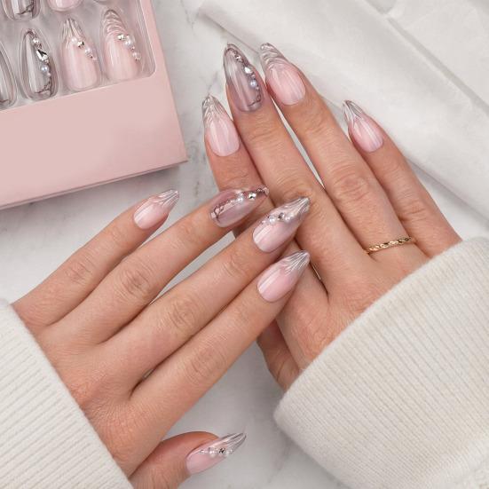 24 Pcs Water Ripple Press On Nails for Faux Pearl Almond Stick-On Fake Nails