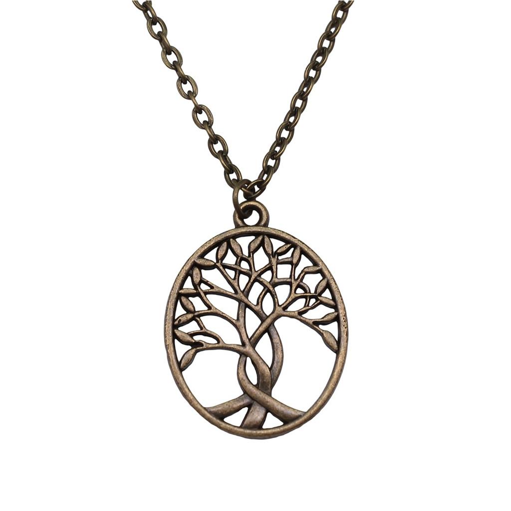 Vintage Rose Flower Charm Necklace Tree Of Life Pendant Antique Jewelry 43cm Chain