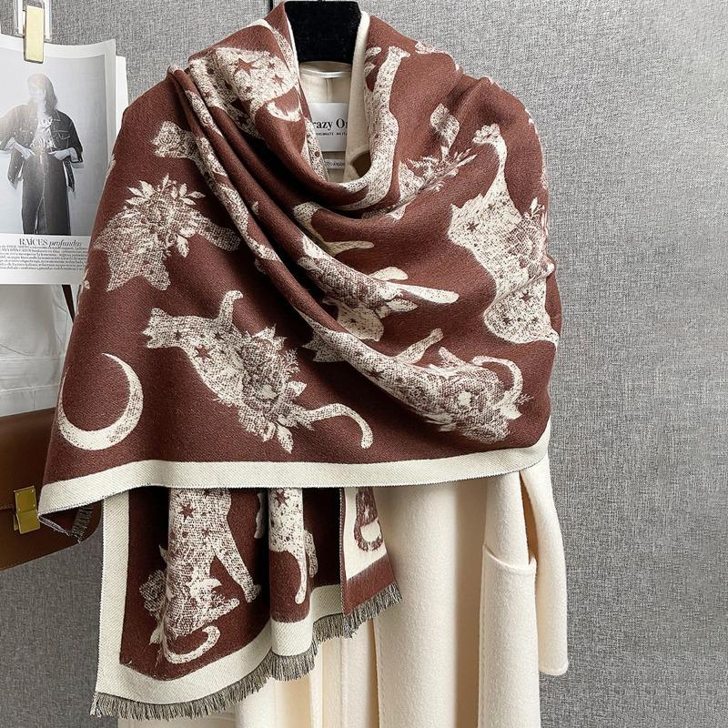 Women S Cat Silhouette Printed Double Sided Faux Cashmere Warm Scarf