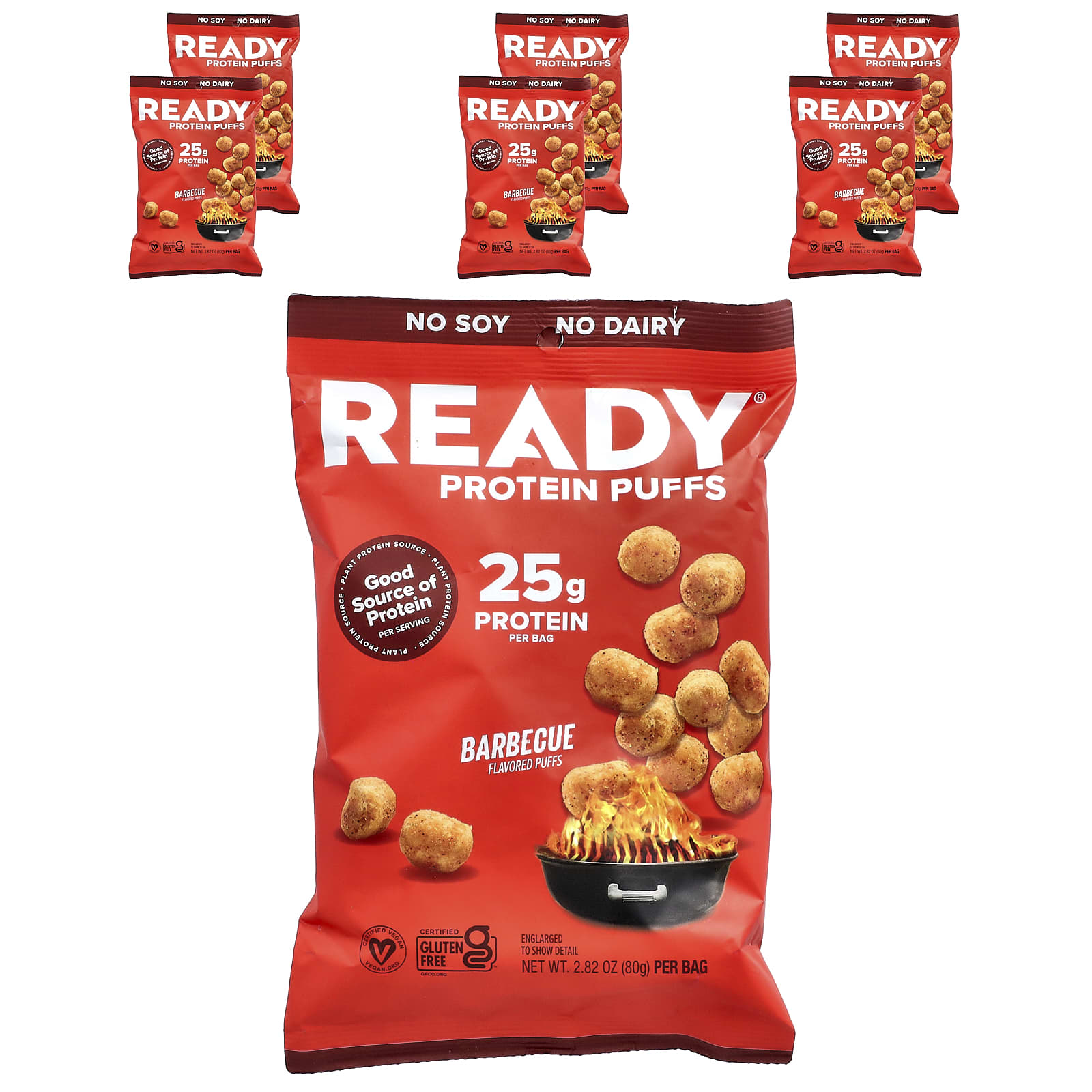 

Готово, Протеїнові пуфи, Барбекю, 6 пакетиків, 80г (2.82 унції) Кожен