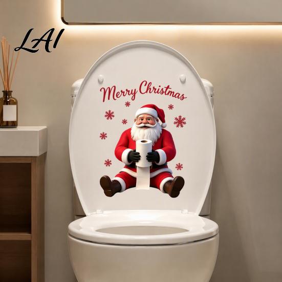 Holiday Home Decor Stickers Santa Claus Toilet Sticker Waterproof PVC Christmas Bathroom Decal for Atmosphere Wall Decoration Removable Snowflake