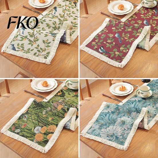Fringed Edge Table Runner Runner, Vintage Floral Printed with Durable Edges, Protects from Heat Scratches Spills