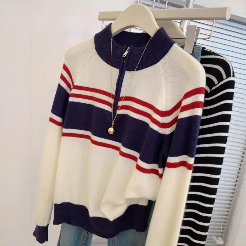 Pre-fall half-zip stand-up collar striped long sleeve knit for women's new high-end cropped top design sense
