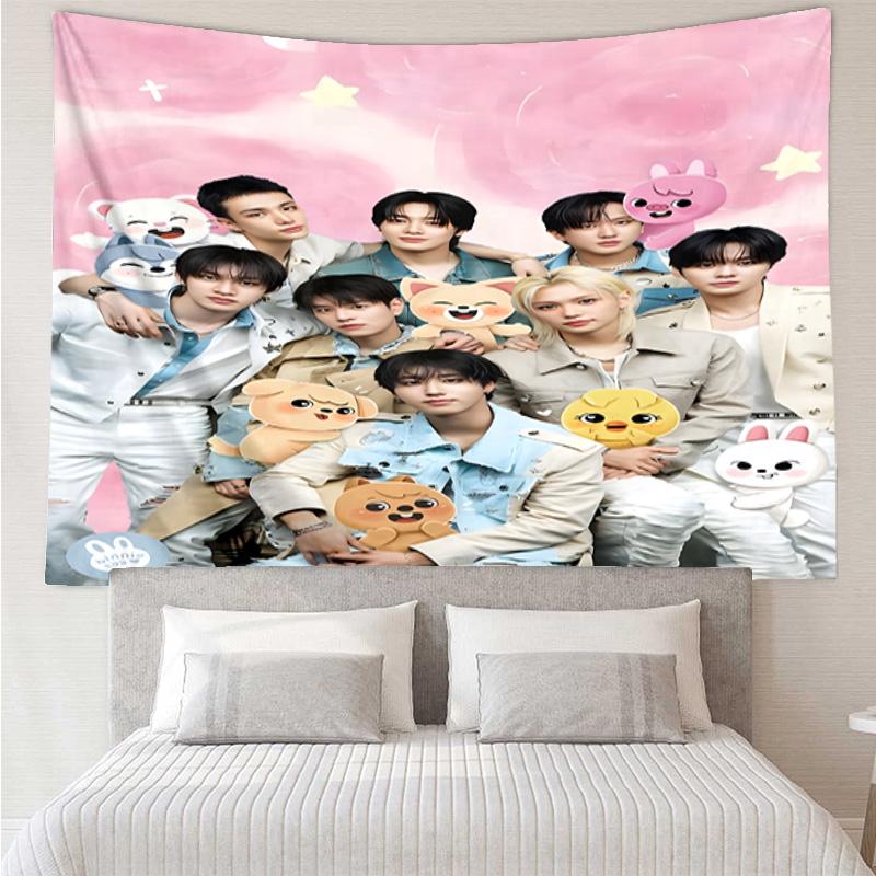1PC K-pop Stars And Cute Bears K-pop music group Tapestry Accessories for Bedroom,Livingroom, dormitory Room Wall Decor Fan Birthday Gifts