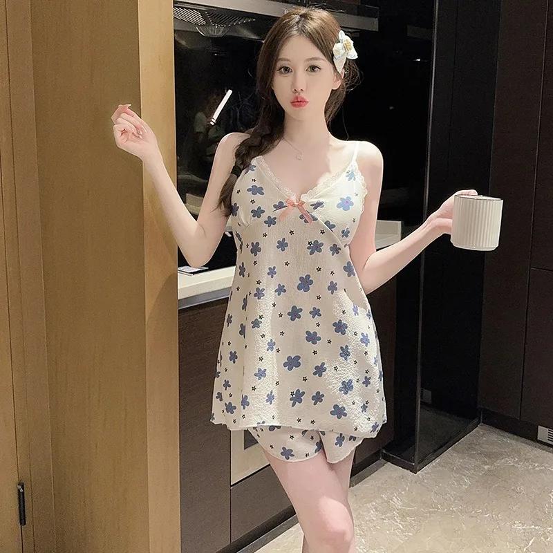 Bring Your Own Chest Pads Women Suspenders Pajamas Lace Sexy Cartoon Print Sleeveless Top Shorts Loungewear Set Women Summer Paj