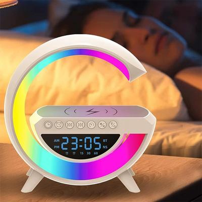 15w telefone carregador rápido sem fio bluetooth alto-falante quarto relógio de mesa despertador rádio fm com luz ambiente