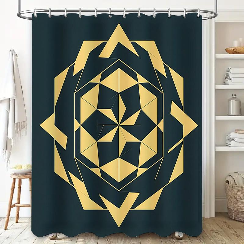 Gold Geometric Shower Curtain Bathroom Decor Home Decoration Waterproof Fabric Bath Rug Sets For Hotel Dark Navy Blue And Gold