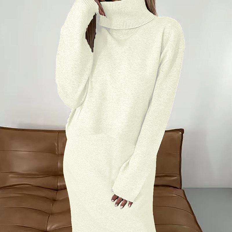 Women Turtleneck Sweater Dress Long Sleeve Loose Fit Knit Mini Dress Solid Color Casual Pullover Dress