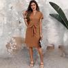 Women's Solid Color V Neck Short Sleeve Dress with Waist Tie Casual Midi Dress