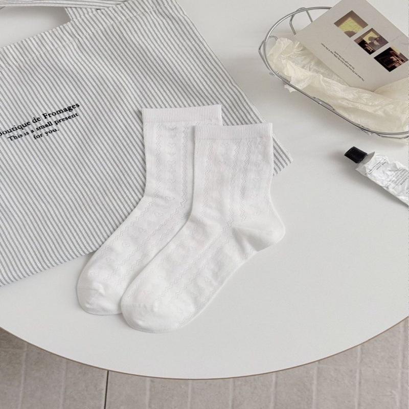 Women's Ballet-Style Mid-Calf Socks, Thin Hollow Mesh, Slouchy Korean JK Style, White Summer Socks