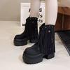 Fashion Women Tassels High Heels 8CM Thick Platform Mid-Calf Boots Leather Chunky Shoes Woman Autumn Winter Motorcycle Boots Botas