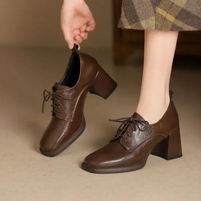 Fashion 2025 New Vintage Genuine Leather Women's  Ladies Lace Up Platform Single  Thick High Heels Spring Shoes