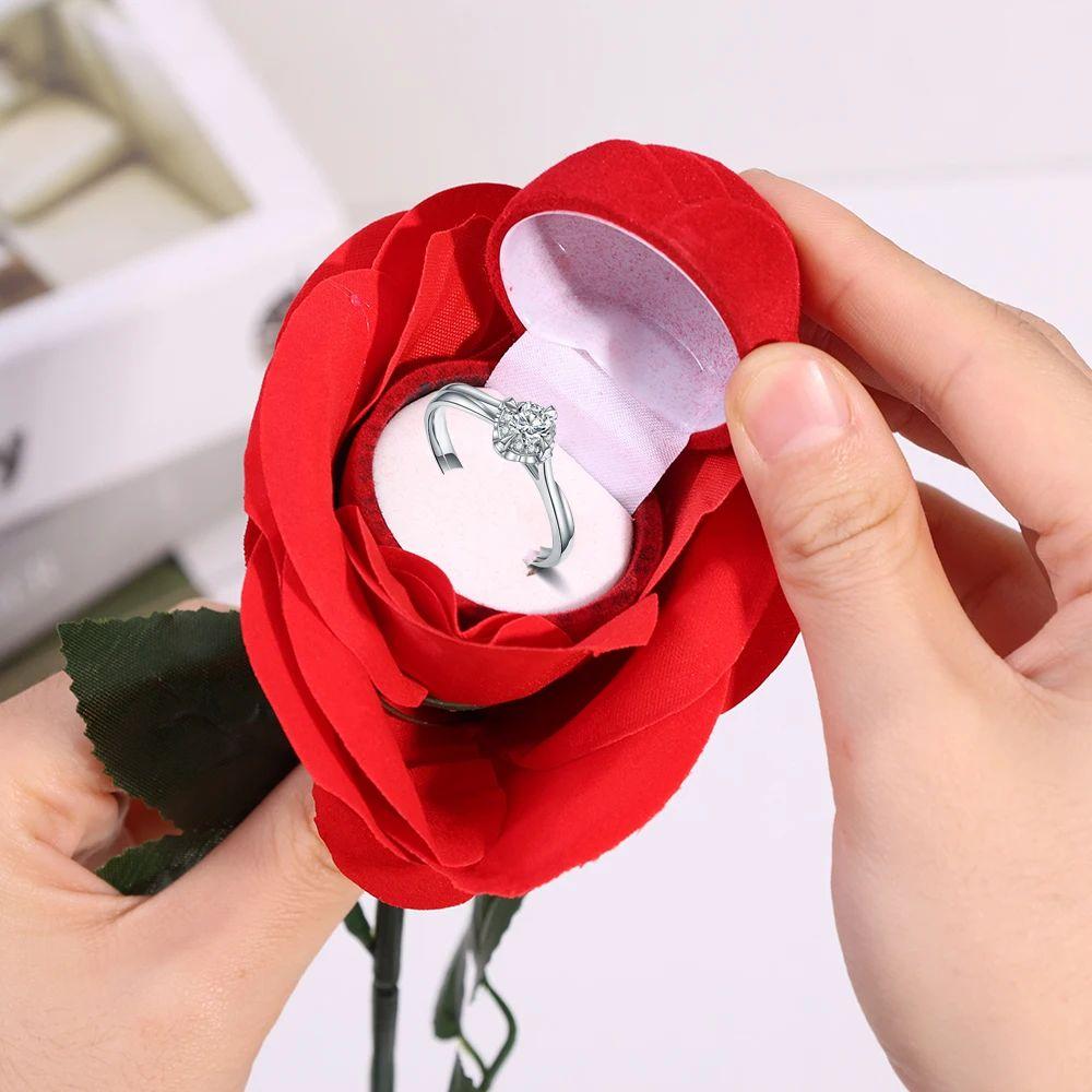 Stud Earrings Jewelry Box Red Flower Stem Engagement Rings Box Romantic Wedding Ring Holder  Travel