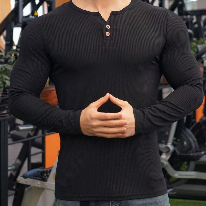 

Muscle Sports Casual Half Button Slim Long Sleeve Men s Basketball Running Training Retro Sports T-Shirt S чёрный