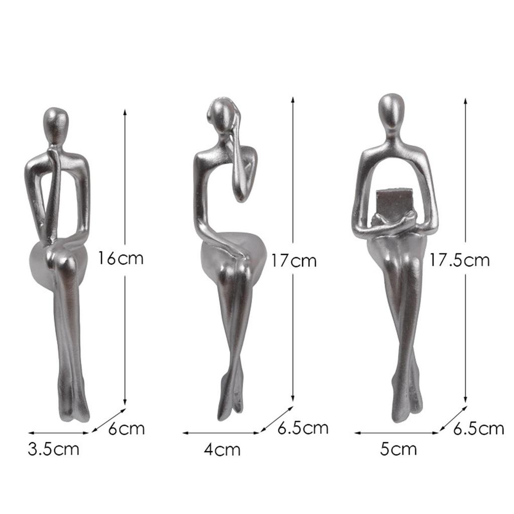 3x Sitting Thinker Statue Sitting Posture Figurine for Table Bookcase Decor