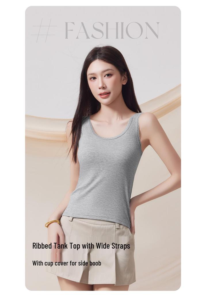 Lace Trim Strappy Tank for Women with Built-in Padding, Fixed Cups; Wear As Outerwear or Base Layer, Wide Shoulder Style.