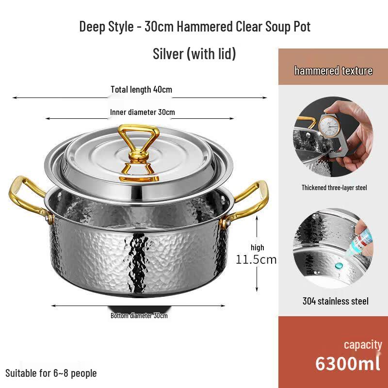 30cm 304 Stainless Steel Hammered Hot Pot & Soup Pot with Lid