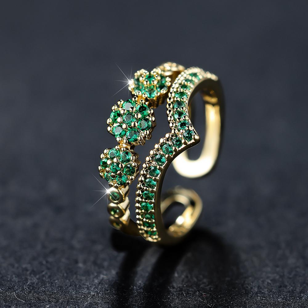 Luxury Green Blue Red Black Stone Wave  For Women Gold Color Zircon Flower Wedding Bands Adjustable Finger Ring