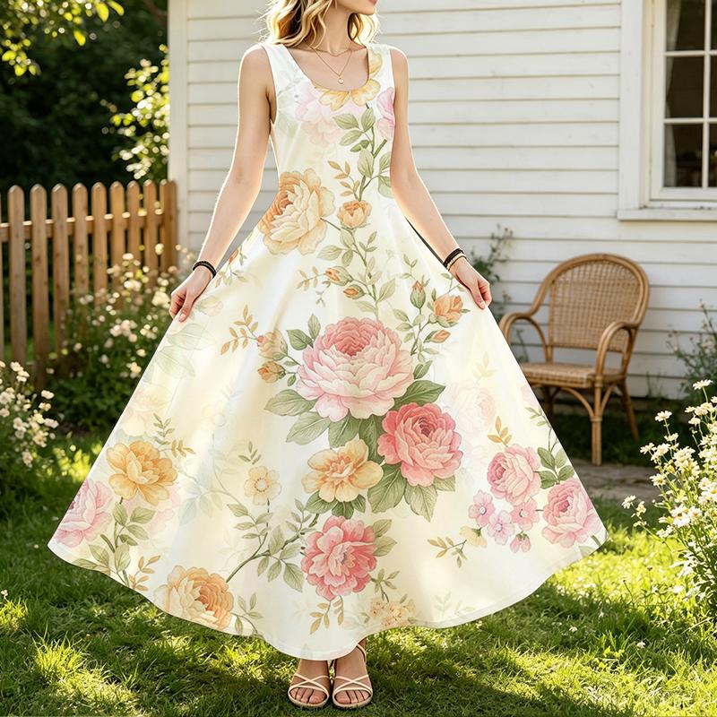 U-Neck Floral Sleeveless Maxi Dress,Lightweight Flowy Fabric,Loose Fit,Ideal for Beach Vacations & Summer Casual Wear,Chic & Elegant