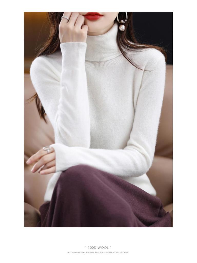 Damski sweter wełniany z wysokim dekoltem: Jesień Zima Moda Jednolity Kolor Dzianina