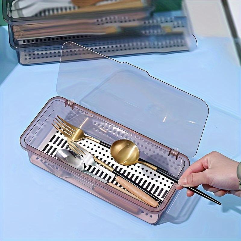 Chopstick Box with Cover Dust-Proof & Drainable Plastic Utensil Organizer Tension-Mounted Kitchen Storage for Countertop