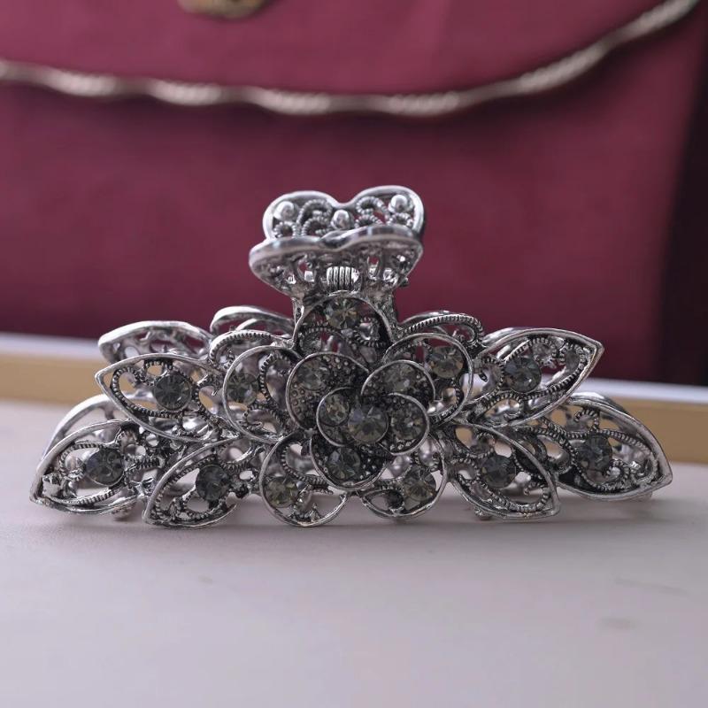 New European Style Stacked Flower Large-size Hair Clip Alloy Grip Clip Retro Diamond Hair Accessories