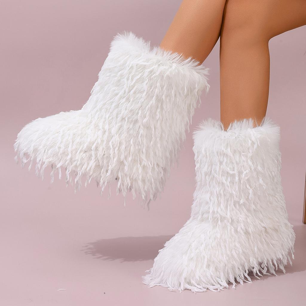 Furry Faux Fur Boots for Women Fuzzy Fluffy Mid Calf Snow Boots Winter Suede Warm Fur Lined Booties Flat Boots Women's Casual Ankle Booties Shoes