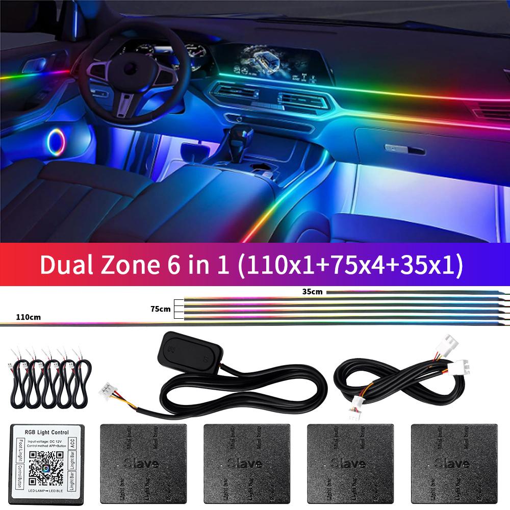 22 In 1 Dual Zone Car LED Ambient Light Symphony Rainbow Streamer Interior Acrylic Strip RGB 64 Color Neon Atmosphere Light 12V