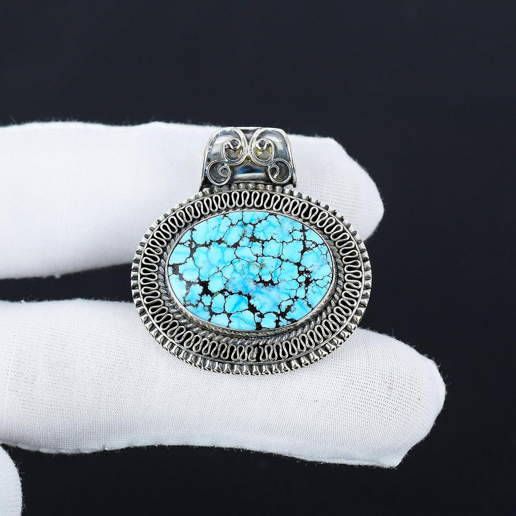 Natural Tibetan Turquoise Gemstone Silver Pendant In 925 Sterling Silver- Handmade Design, Everyday Wear Jewelry, Antique Pendant Gifts For Her
