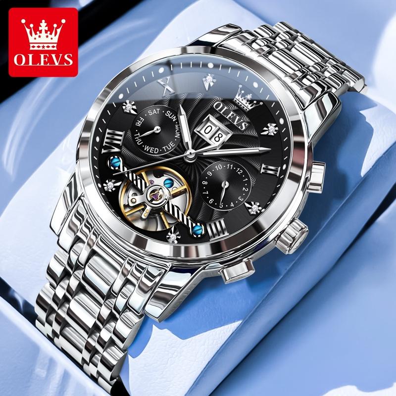 OLEVS 9910 Skeleton Flywheel Automatic Mechanical Wristwatch for Men Stainless Steel Waterproof Luminous Calendar Business Watch