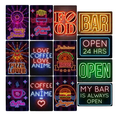 24h Bar Café Neonschilder Bier Pizza Hot Dog Tacos Kaffee Vintage Metallposter Schilder Dekoration Wand Blechmalerei