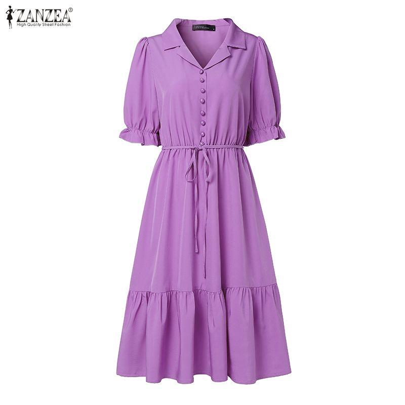 ZANZEA Women Casual Turn Down Collar Summer Short Sleeve Dress