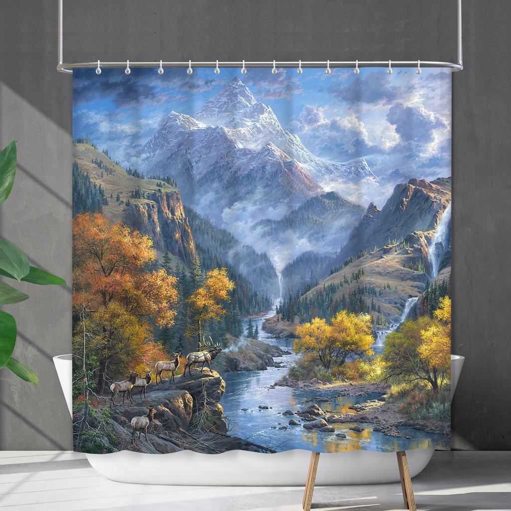 Bathroom Waterproof Curtain Digital Printing Landscape Waterfall Shower Curtain Free Punching Toilet Partition Curtain Shower Cloth