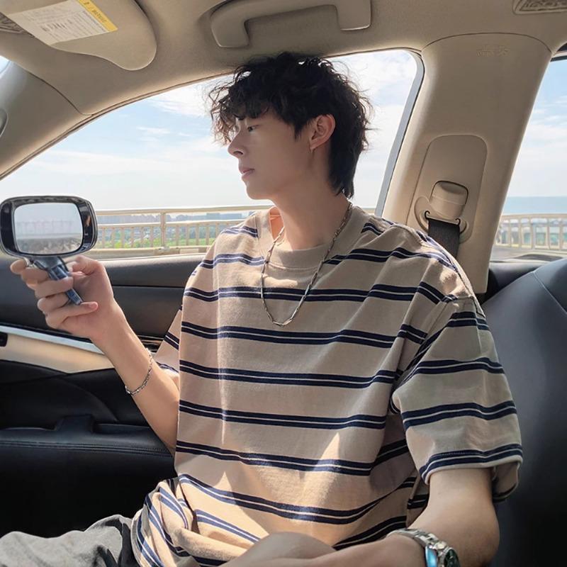 Summer Striped T-shirt Short-sleeved Men's New Retro All-match Round Neck Casual Three-quarter Sleeve Top