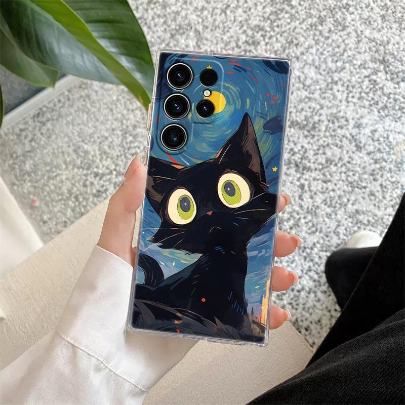 Retro Oil Painting Starry Sky Cat Clear Case For Samsung Galaxy S26 S25 S24 S23 Ultra S20 S21 FE S22 Plus S26 Ultra Phone Cover
