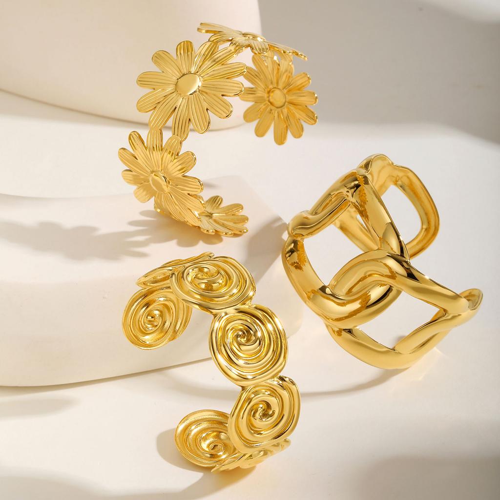 Exquisito Brazalete Abierto de Acero Inoxidable con Forma de Margarita para Mujer, Brazalete Dorado con Patrón Espiral, Joyería Impermeable Regalo