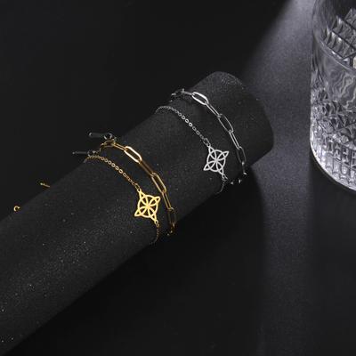Double Layer Stackable Welded Cross Chain with Hollow Four Leaf Clover Round Pendant Bracelet