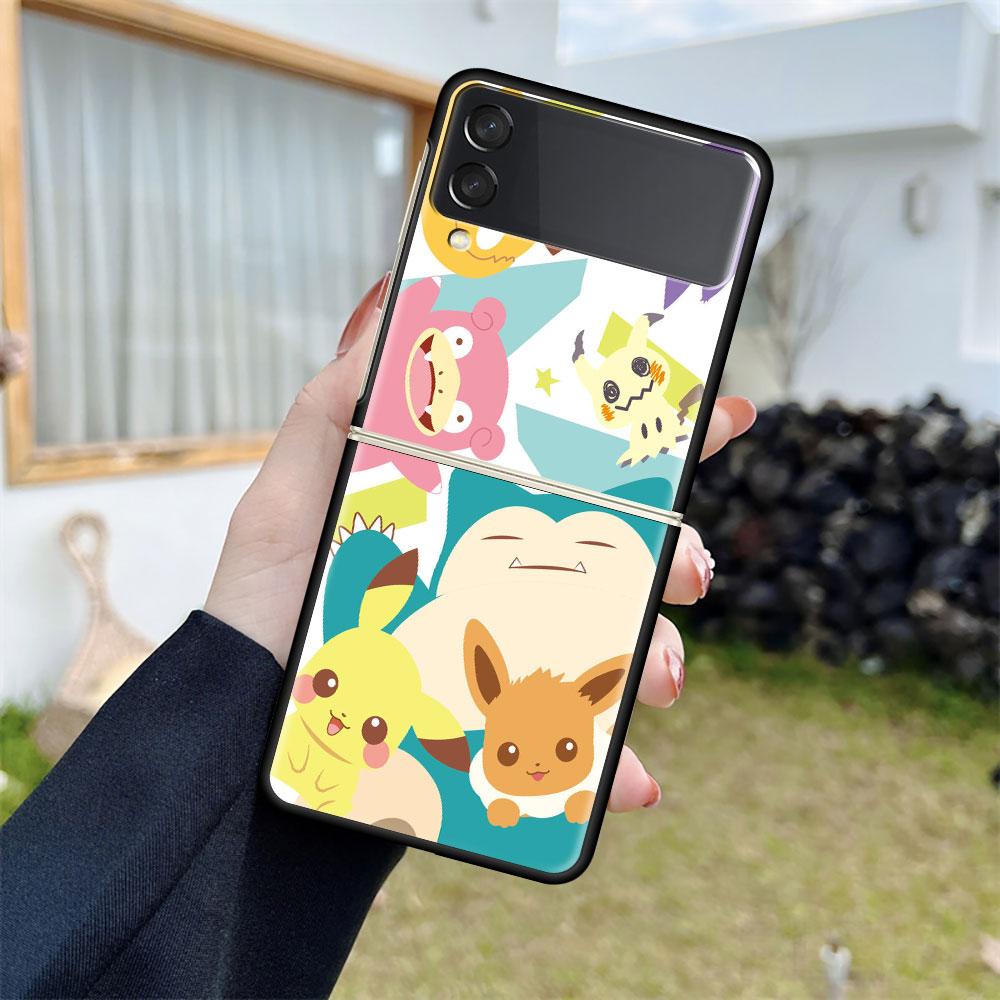 Z Flip 3 Case For Samsung Galaxy Z Flip 3 5G Black Hard Luxury Phone Cover Fall Prevention Fashion PC Shell Cute Pokemon EEvee
