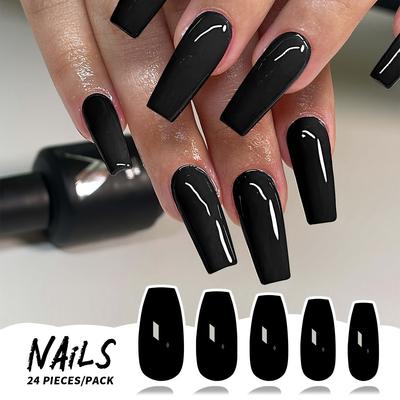 Set di 24 unghie finte da ballerina nere lucide - forma lunga a bara, copertura totale, colore pieno con adesivo in gelatina e lima per unghie inclusa