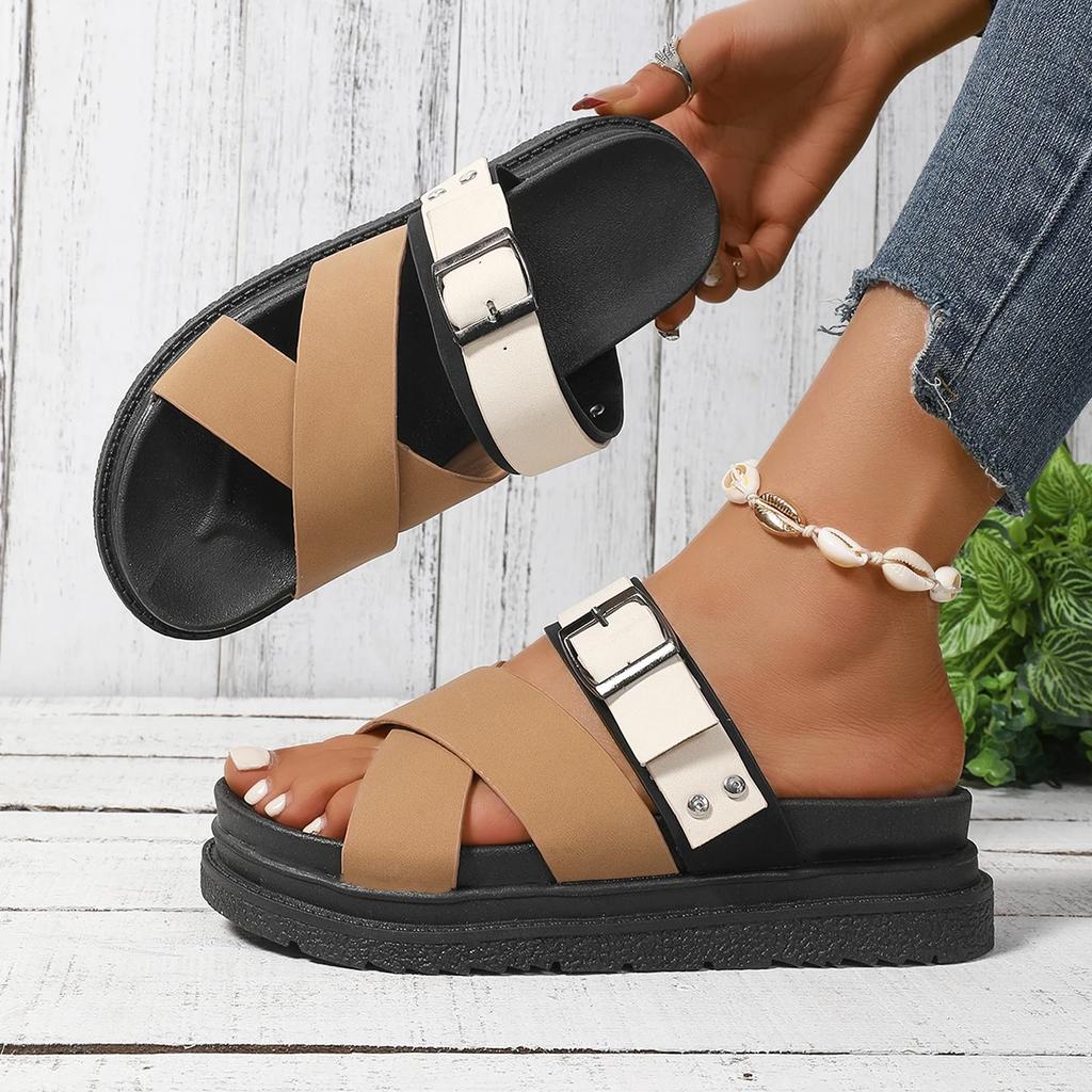 Modne Damskie Sandały na Platformie 2025 Lato Casualowe Designerskie Buty dla Kobiet Nowe Skórzane Sandały na Niskim Obcasie typu Koturn w Rzymskim Stylu z Krzyżującymi się Paskami