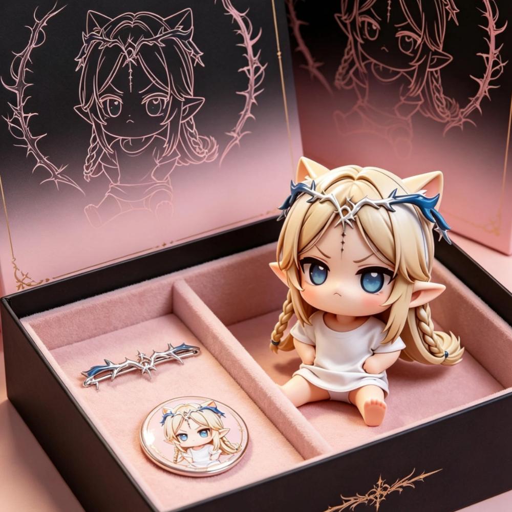 Kawaii Kal Tsit Elf Girl Figure with Cat Ears Twin Braids Sitting PVC Collectible Desktop Ornament Toy