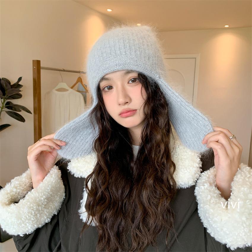 Atmospheric rabbit fur knitted wool hat women's new autumn and winter warm ear protection hat cold-proof bag head hat