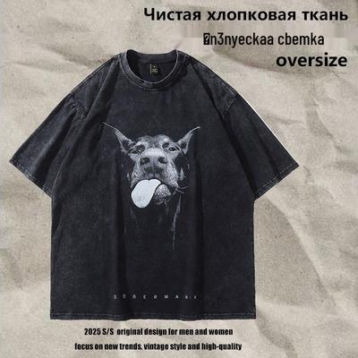 T-shirt unisexe à col rond TKPA Doberman Vintage – Lavé, Style rétro high street, Coupe ample, Manches courtes streetwear
