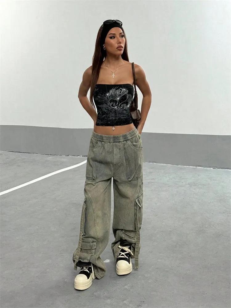 Crop Top phumee Sleeveless Rhinestones Off the Soulder A2457