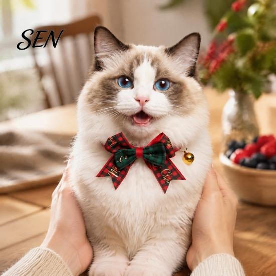 Christmas Pet Accessories Bow Collar, Adjustable Cat Collar with And Bell, Safety Buckle Plaid Print for Cats, Small Dogs, Holiday Wear Bell